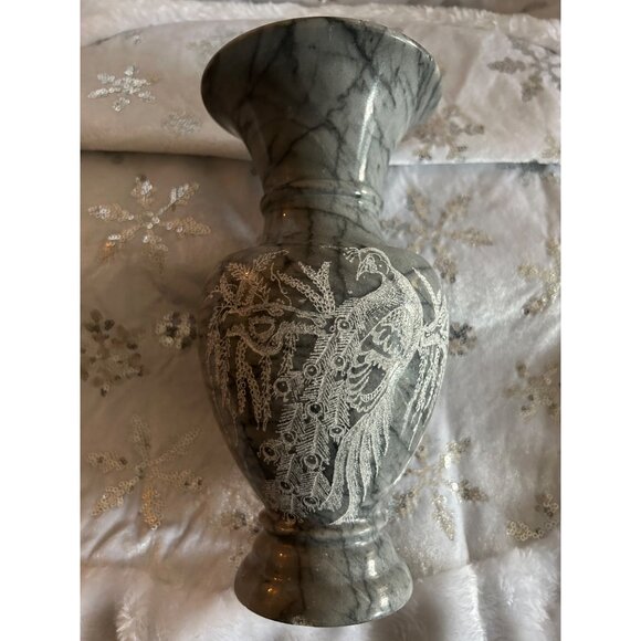 Handcrafted Gray Marble Vase With Intricate Silver Peacock Design - Picture 9 of 9
